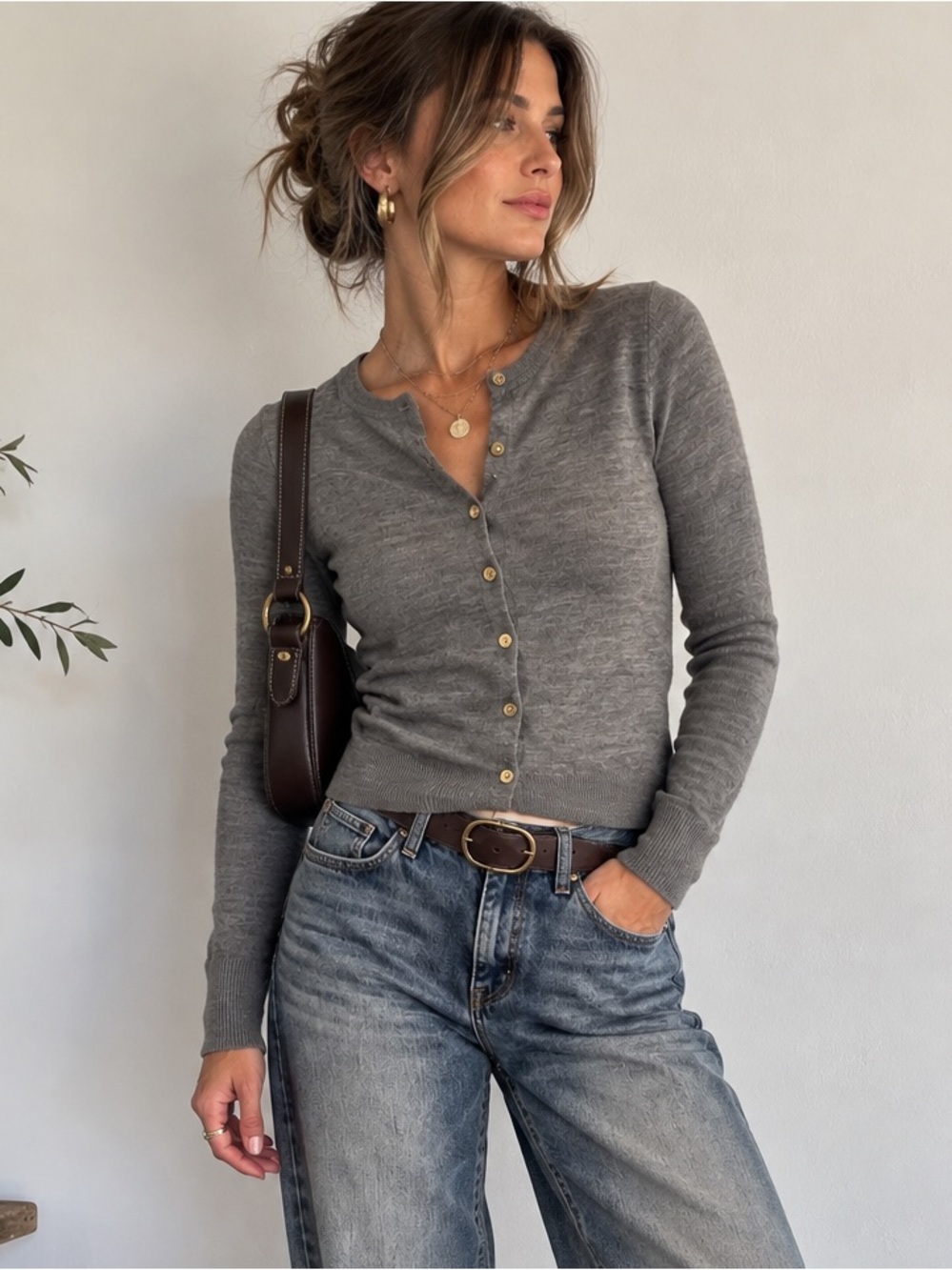 J.Crew Gray Cardigan Sweater Gold Buttons Crewneck Classic Preppy